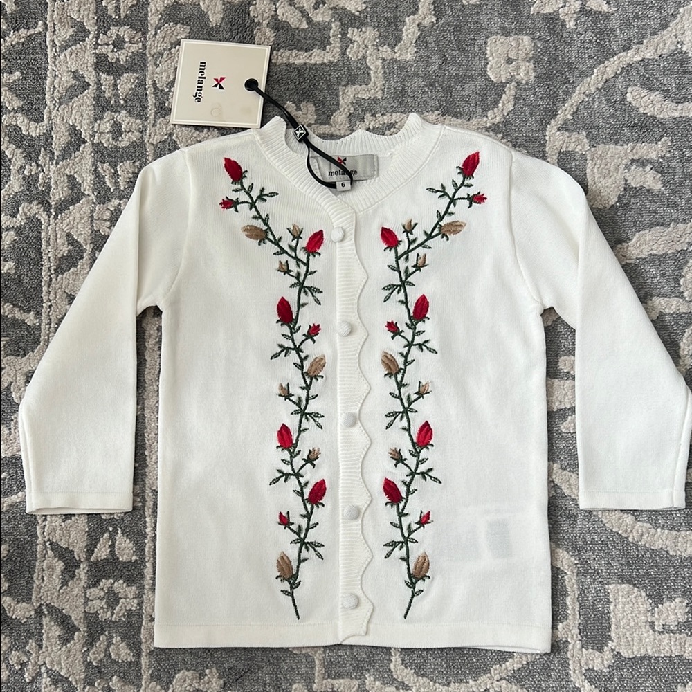 NWT Melange Girls Chic White Cardigan with Floral Design